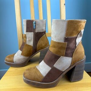 Target 70’s Inspired Patchwork Faux Suede Ankle Boots - Brown and Tan 8.5